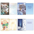 Interior messages of four diverse holiday cards: doves with a peace symbol, a majestic wolf, a festive dreamcatcher, and a serene snowy forest scene.