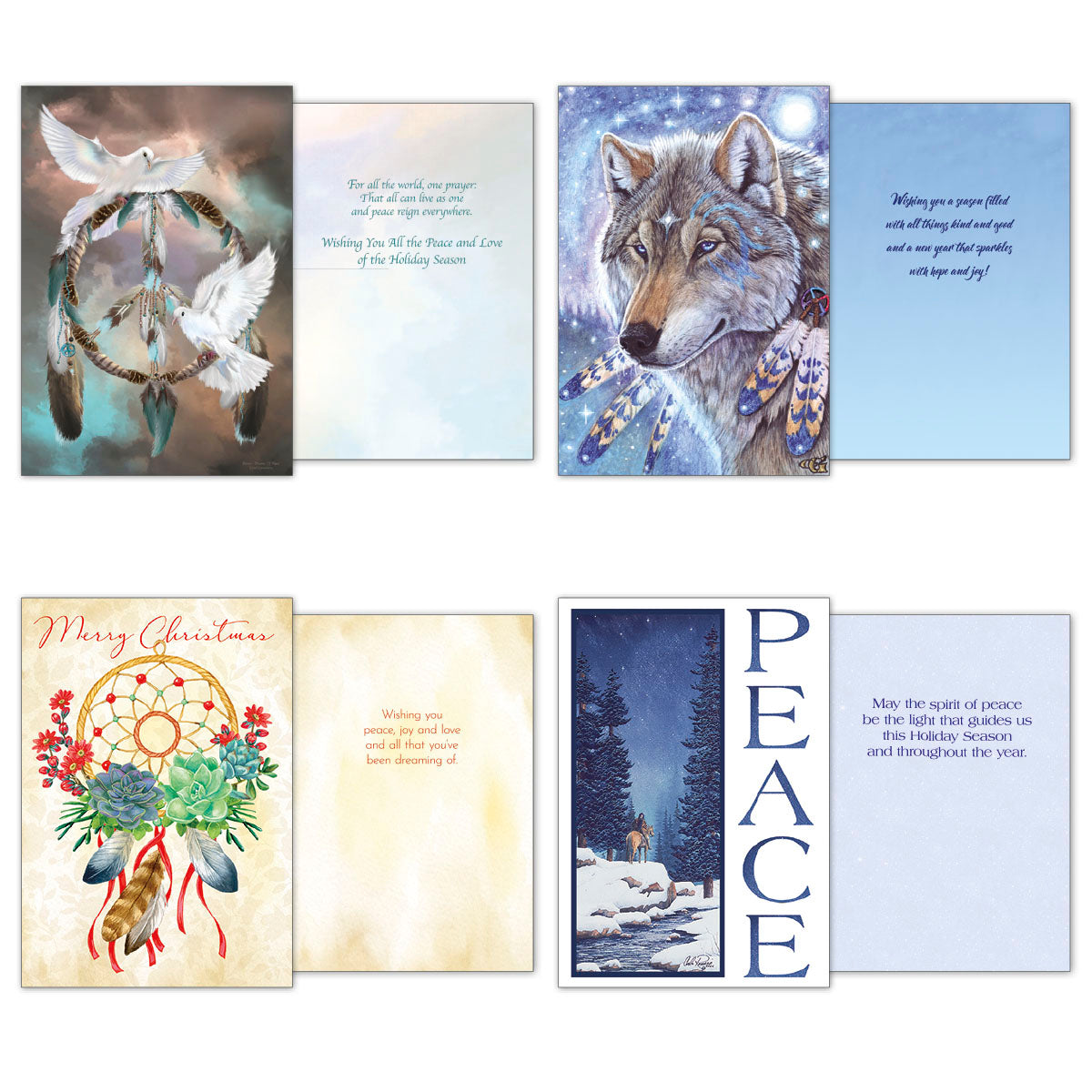 Interior messages of four diverse holiday cards: doves with a peace symbol, a majestic wolf, a festive dreamcatcher, and a serene snowy forest scene.
