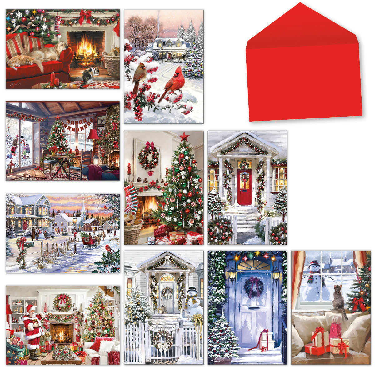 Assorted holiday greeting cards featuring festive scenes like a cozy fireplace with cats, cardinals in snow, a decorated living room, Santa Claus, and snowy village settings, alongside a red envelope. Ideal for diverse seasonal well-wishes.