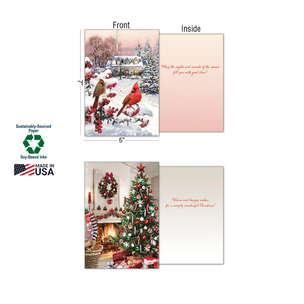Detailed view of Richard Macneil Christmas greeting cards, showcasing a cardinal winter scene and a festive fireplace, with sustainability features (soy-based inks, recycled paper) and inside holiday sentiments.