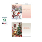 Detailed view of Richard Macneil Christmas greeting cards, showcasing a cardinal winter scene and a festive fireplace, with sustainability features (soy-based inks, recycled paper) and inside holiday sentiments.