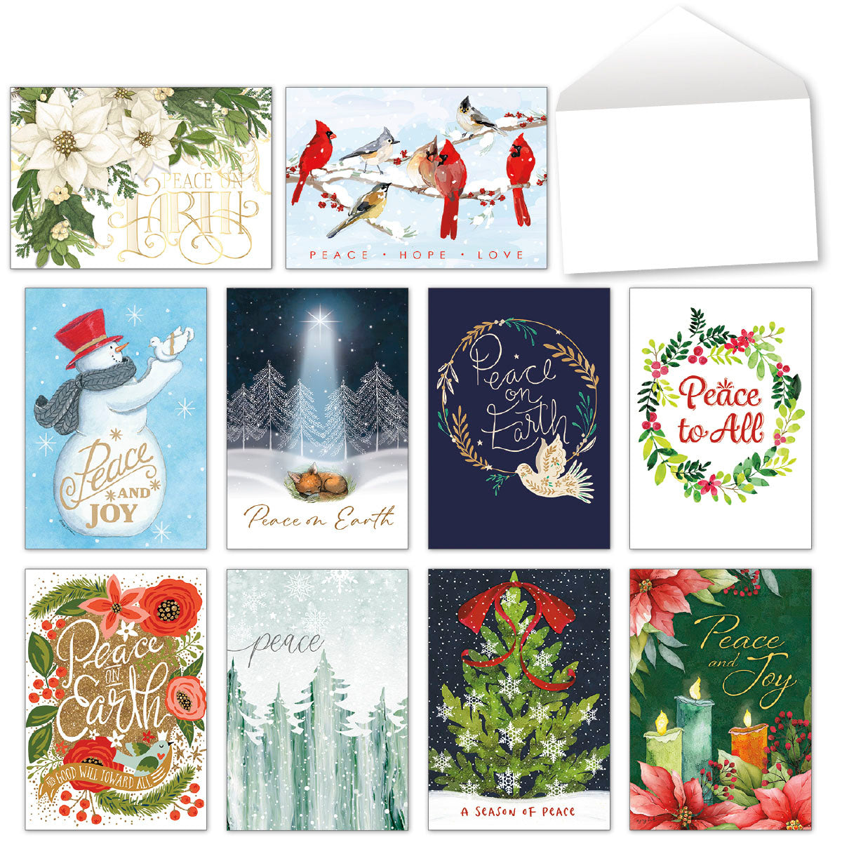 Assortment of 10 festive Leanin' Tree holiday greeting cards featuring winter scenes, cardinals, poinsettias, snowmen, and religious peace messages, with white envelopes.