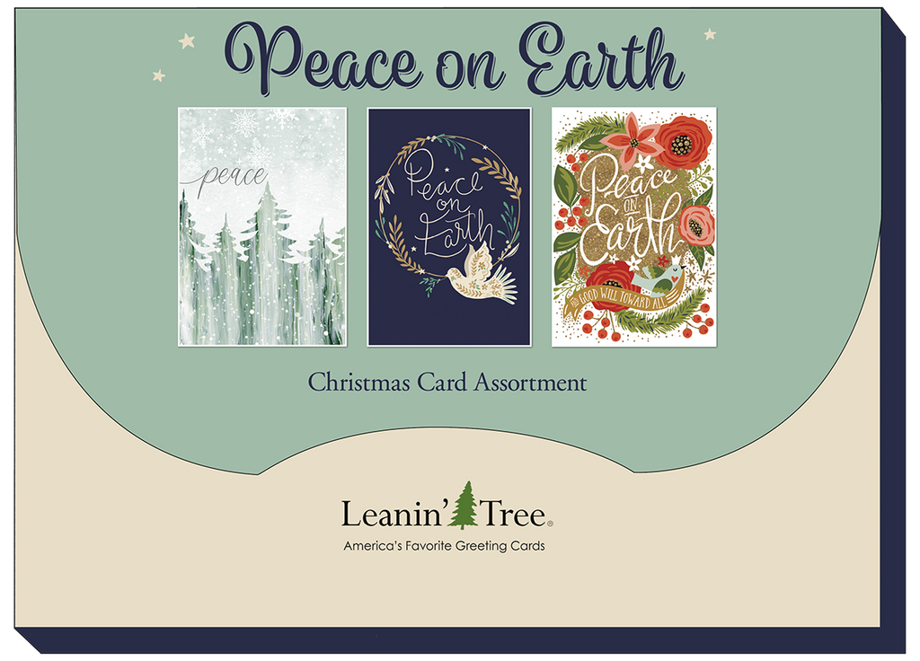 Leanin' Tree branding display with 'Peace on Earth' headline, showcasing three distinct winter-themed greeting card designs from the assortment.