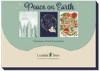 Leanin' Tree branding display with 'Peace on Earth' headline, showcasing three distinct winter-themed greeting card designs from the assortment.