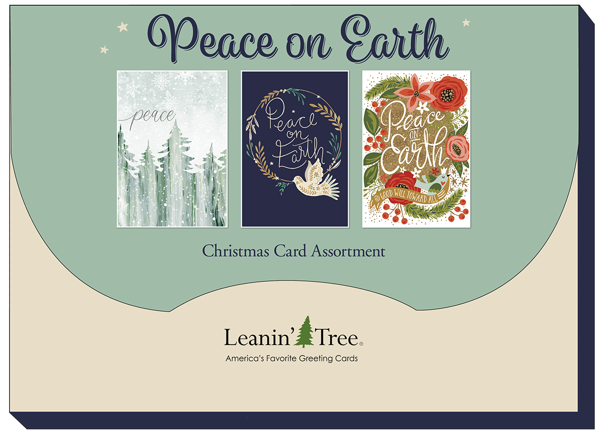 Leanin' Tree branding display with 'Peace on Earth' headline, showcasing three distinct winter-themed greeting card designs from the assortment.