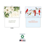 Detailed view of Leanin' Tree greeting cards showing 5x7 inch dimensions, front and inside messages of a poinsettia 'Peace on Earth' card and a cardinal 'Peace Hope Love' card, highlighting sustainable paper, soy inks, and Made in USA quality.
