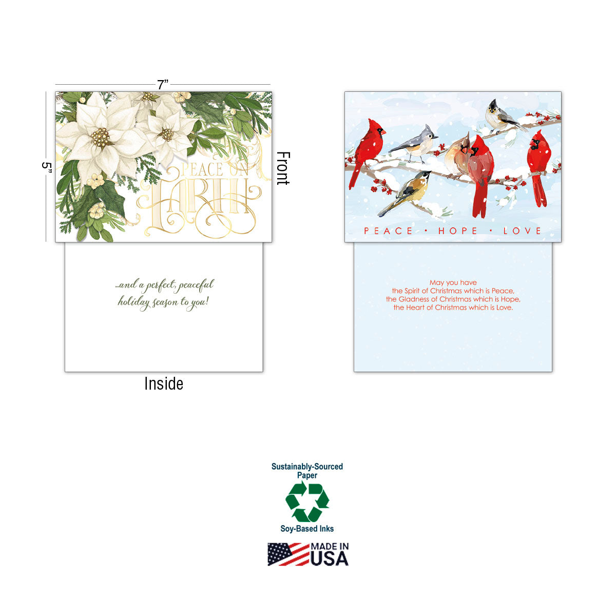 Detailed view of Leanin' Tree greeting cards showing 5x7 inch dimensions, front and inside messages of a poinsettia 'Peace on Earth' card and a cardinal 'Peace Hope Love' card, highlighting sustainable paper, soy inks, and Made in USA quality.