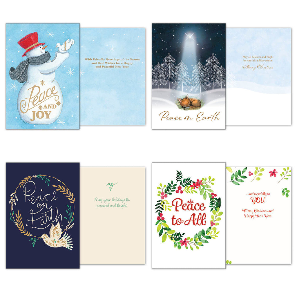 Four holiday greeting cards displaying their front and inner messages: a snowman 'Peace and Joy' card, a nativity 'Peace on Earth' card, a 'Peace on Earth' wreath with dove card, and a 'Peace to All' floral wreath card.