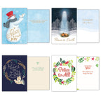 Four holiday greeting cards displaying their front and inner messages: a snowman 'Peace and Joy' card, a nativity 'Peace on Earth' card, a 'Peace on Earth' wreath with dove card, and a 'Peace to All' floral wreath card.