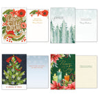 Four additional holiday greeting cards showing their front and inner sentiments: a 'Peace on Earth' floral design, a 'peace' evergreen forest design, a 'Season of Peace' decorated tree, and a 'Peace and Joy' poinsettia and candle design.