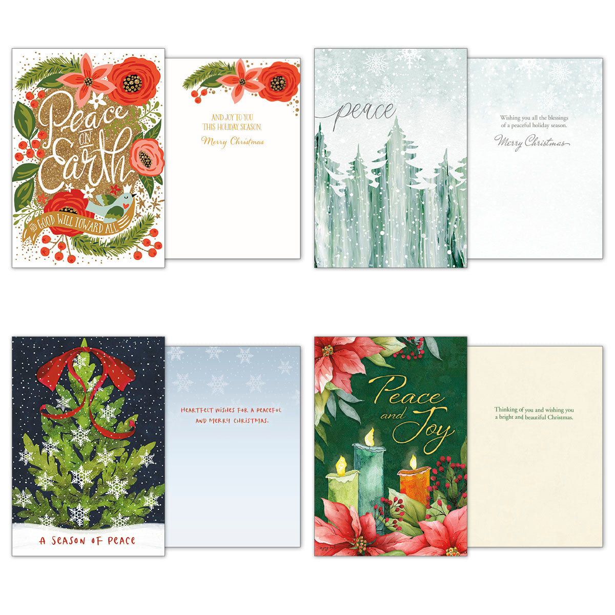 Four additional holiday greeting cards showing their front and inner sentiments: a 'Peace on Earth' floral design, a 'peace' evergreen forest design, a 'Season of Peace' decorated tree, and a 'Peace and Joy' poinsettia and candle design.