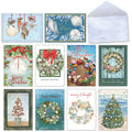 Assortment of 10 unique coastal holiday greeting cards with envelopes, featuring seashells, starfish, and ocean-themed festive designs.