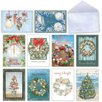 Assortment of 10 unique coastal holiday greeting cards with envelopes, featuring seashells, starfish, and ocean-themed festive designs.