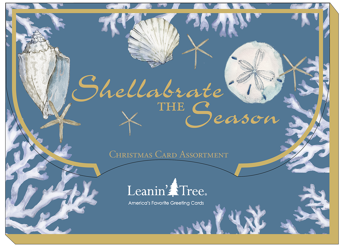 Retail packaging for coastal holiday greeting card assortment, blue with white coral and seashells, text 'Shellabrate The Season'.