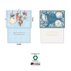 Two open coastal holiday cards displaying front, inside messages, and dimensions (5x7 inches), alongside 'Sustainably-Sourced Paper', 'Soy-Based Inks', and 'Made in USA' logos.