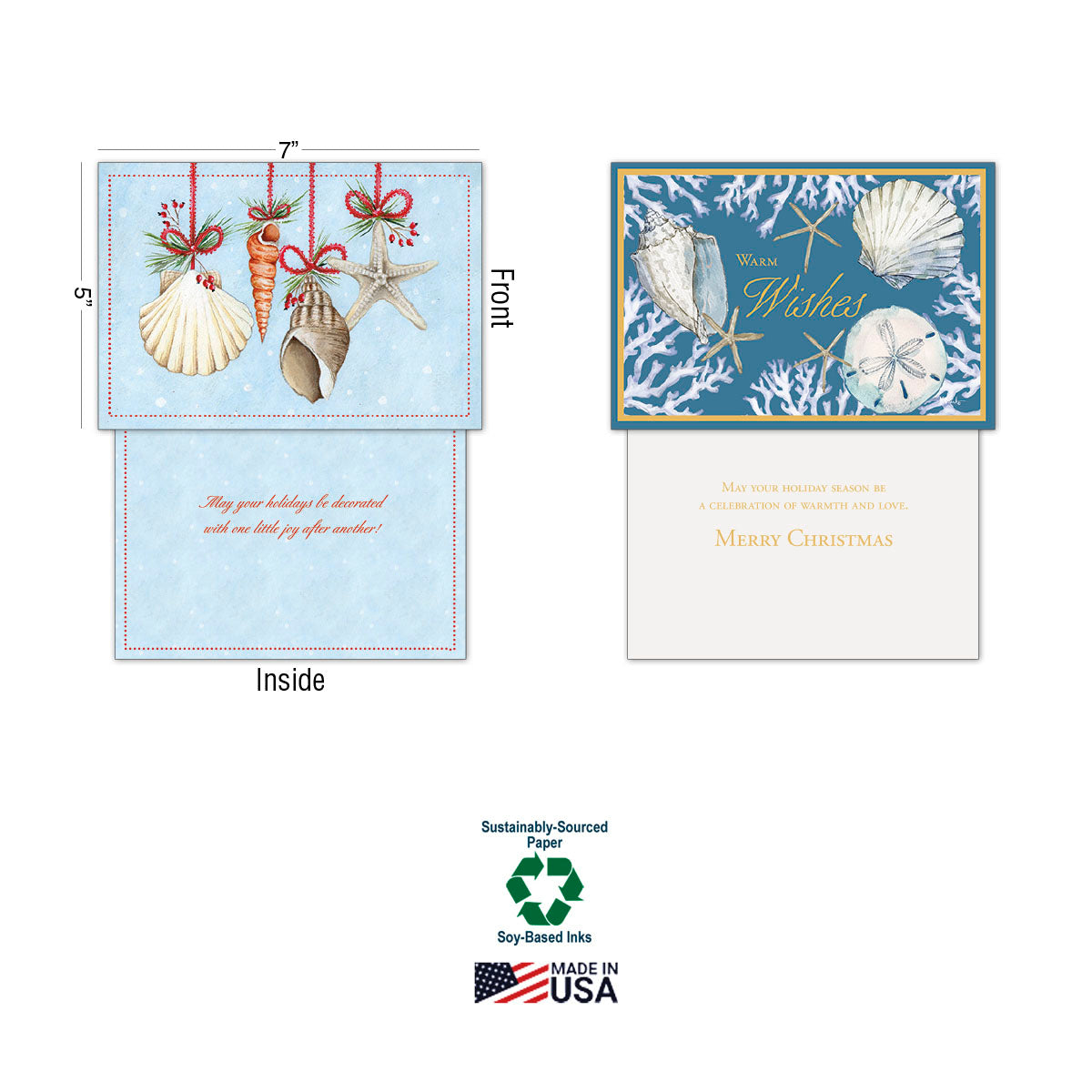 Two open coastal holiday cards displaying front, inside messages, and dimensions (5x7 inches), alongside 'Sustainably-Sourced Paper', 'Soy-Based Inks', and 'Made in USA' logos.