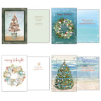 Additional four unique coastal holiday cards, open to reveal diverse seashell-themed front artwork and heartfelt festive messages.