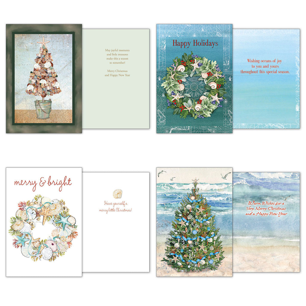 Additional four unique coastal holiday cards, open to reveal diverse seashell-themed front artwork and heartfelt festive messages.