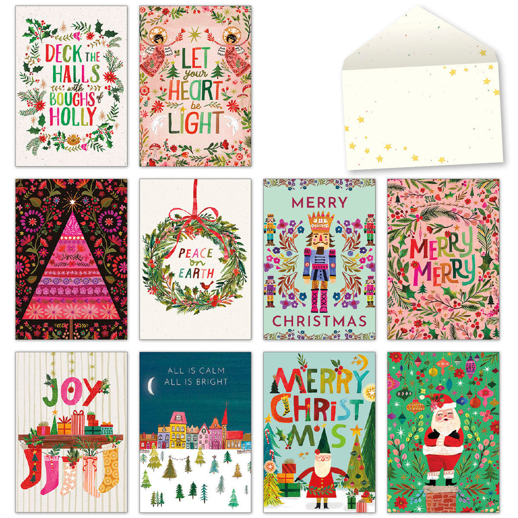 Assortment of 10 vibrant holiday greeting cards and a decorative envelope featuring diverse festive designs like Santa, nutcrackers, wreaths, and carols.