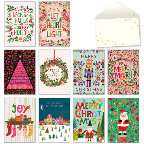 Assortment of 10 vibrant holiday greeting cards and a decorative envelope featuring diverse festive designs like Santa, nutcrackers, wreaths, and carols.