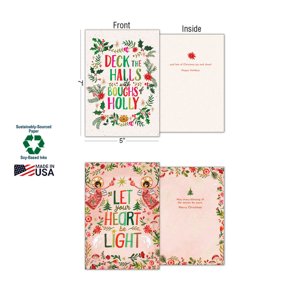 Two holiday greeting cards, 'Deck the Halls' and 'Let Your Heart Be Light', shown with front and inside messages, highlighting sustainable paper, soy inks, and Made in USA.