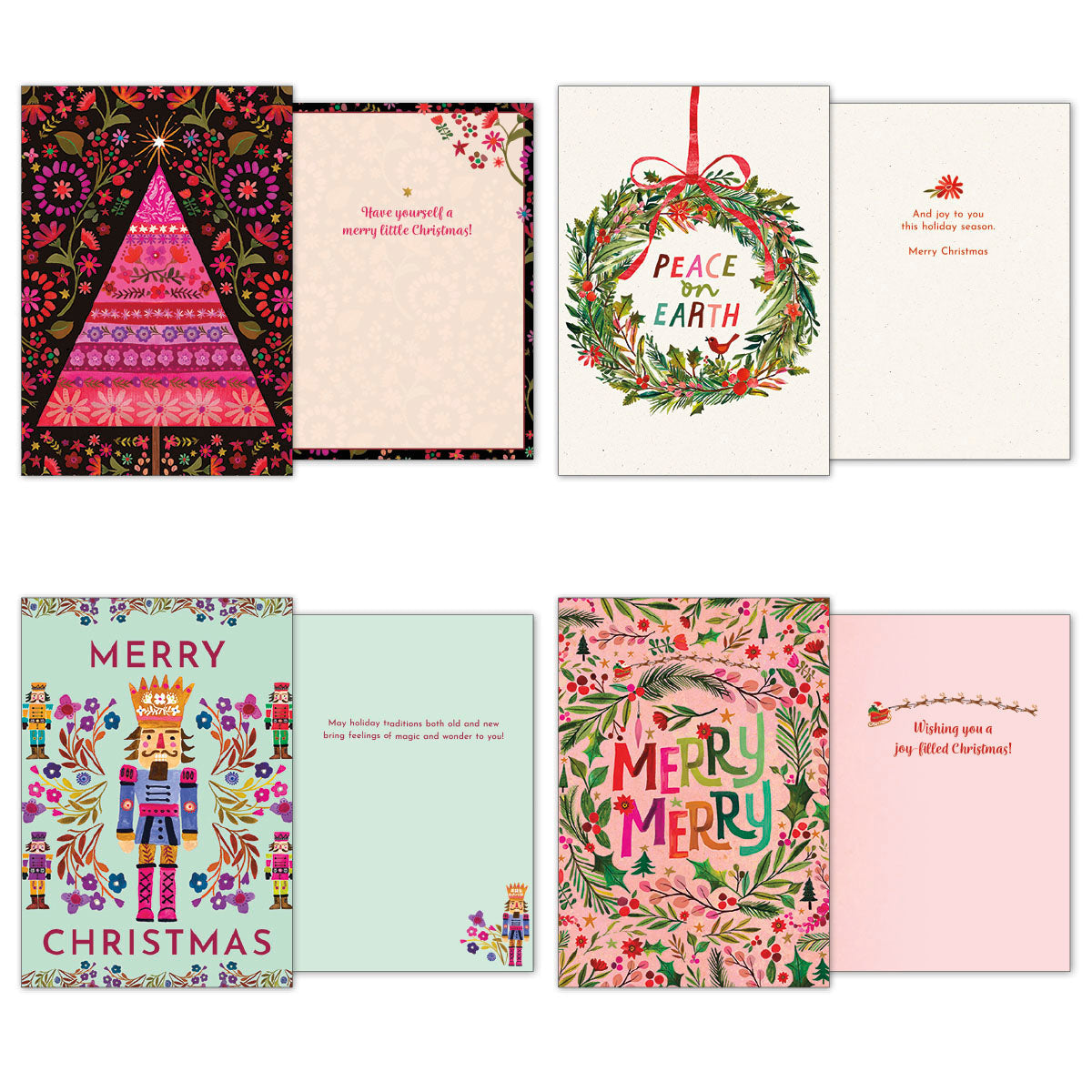 Four different holiday cards displayed open: a pink patterned tree, a 'Peace on Earth' wreath, a festive nutcracker, and a 'Merry Merry' floral design.