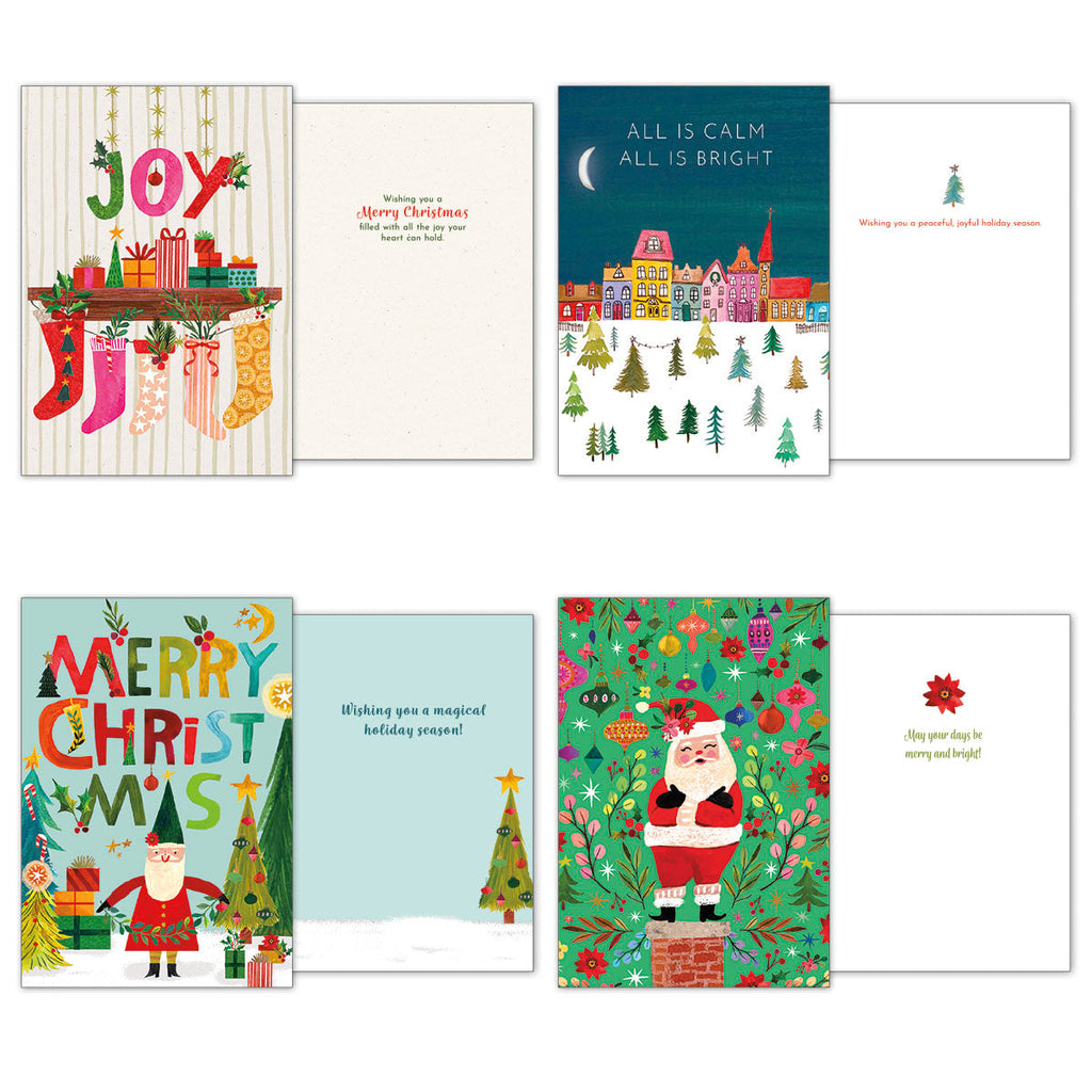 Four unique holiday greeting cards with their interiors visible: 'Joy' with stockings, 'All Is Calm' village scene, a modern 'Merry Christmas' Santa, and Santa on a chimney.
