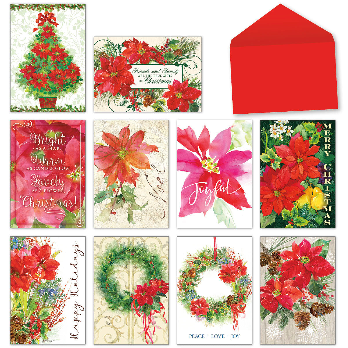 Assorted Poinsettia Christmas Greeting Cards with red envelopes, featuring 8 unique watercolor designs including floral patterns, wreaths, and festive messages.