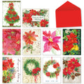 Assortment of 8 poinsettia-themed holiday greeting cards with a red envelope, showcasing festive floral designs.