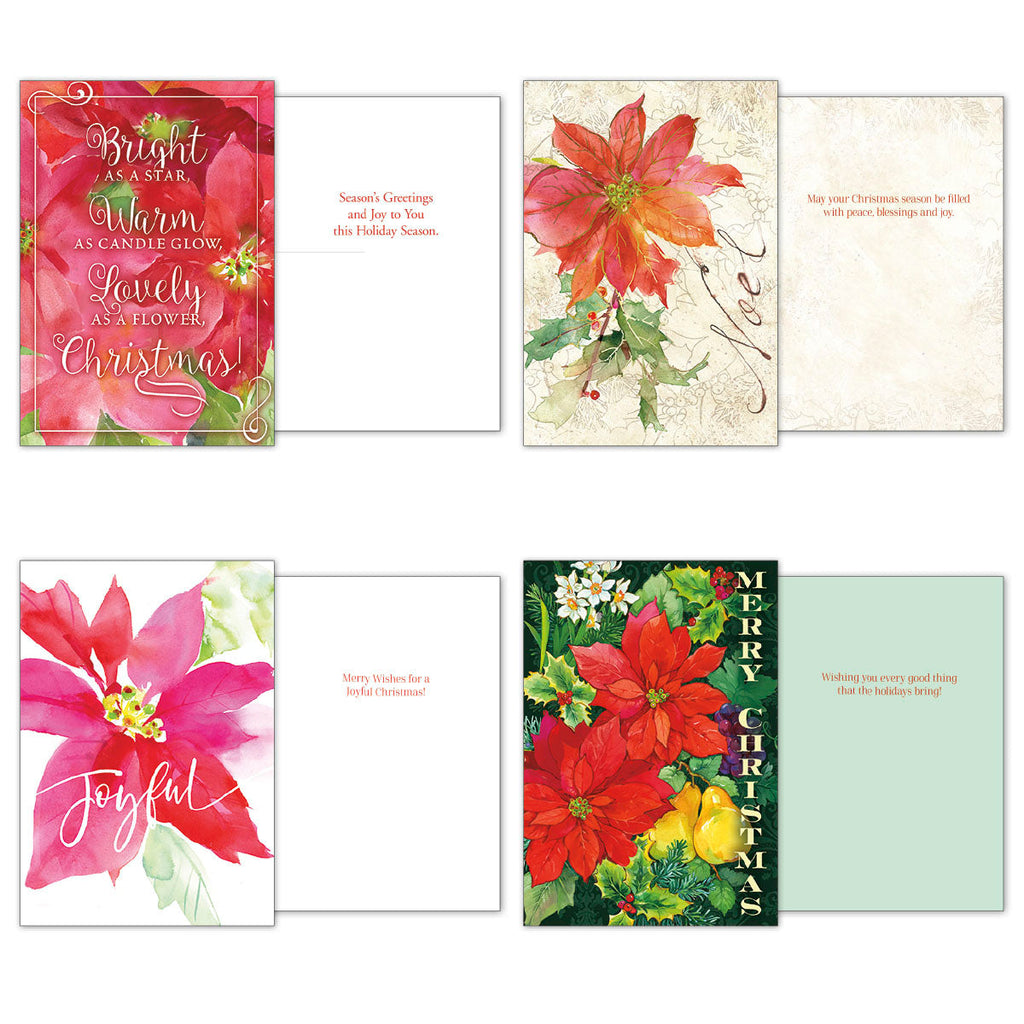 Display of four different open Christmas greeting cards, revealing their festive poinsettia designs and interior holiday messages.