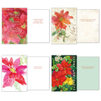 Display of four different open Christmas greeting cards, revealing their festive poinsettia designs and interior holiday messages.