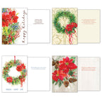 Collection of four unique open holiday cards, featuring poinsettia wreaths and floral arrangements with interior seasonal greetings.