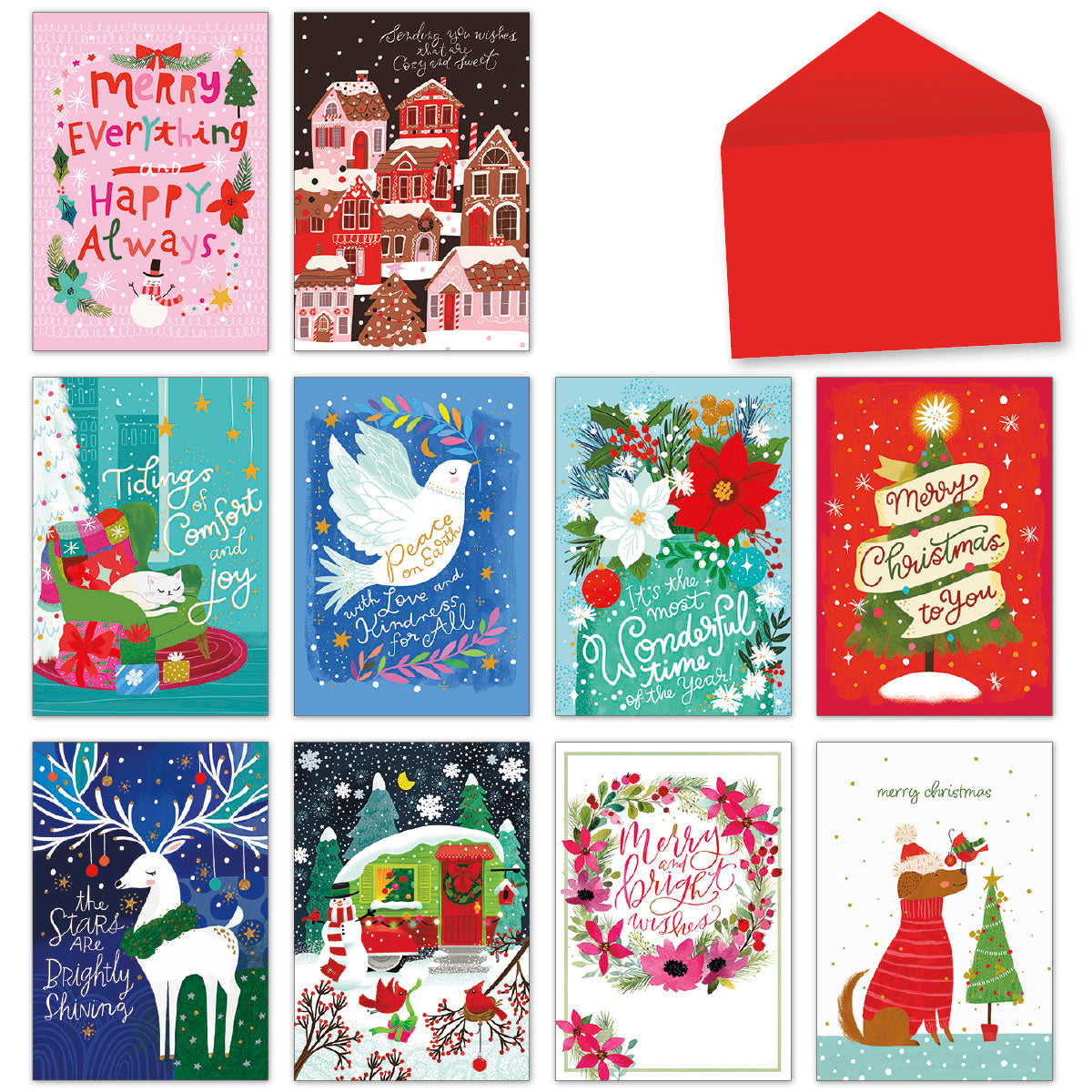 Assorted collection of 10 festive Christmas greeting cards with a red envelope. Designs include a pink card with 'Merry Everything', a snowy village, a cat with gifts, a dove with 'Peace on Earth', poinsettias, a decorated Christmas tree, a white deer, a red camper, a floral wreath, and a dog next to a tree.