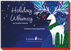 Close-up of the 'Holiday Whimsy by Cynthia Frenette' Christmas Card Assortment box lid from Leanin' Tree, featuring a white reindeer with decorated antlers on a deep blue background with golden stars.