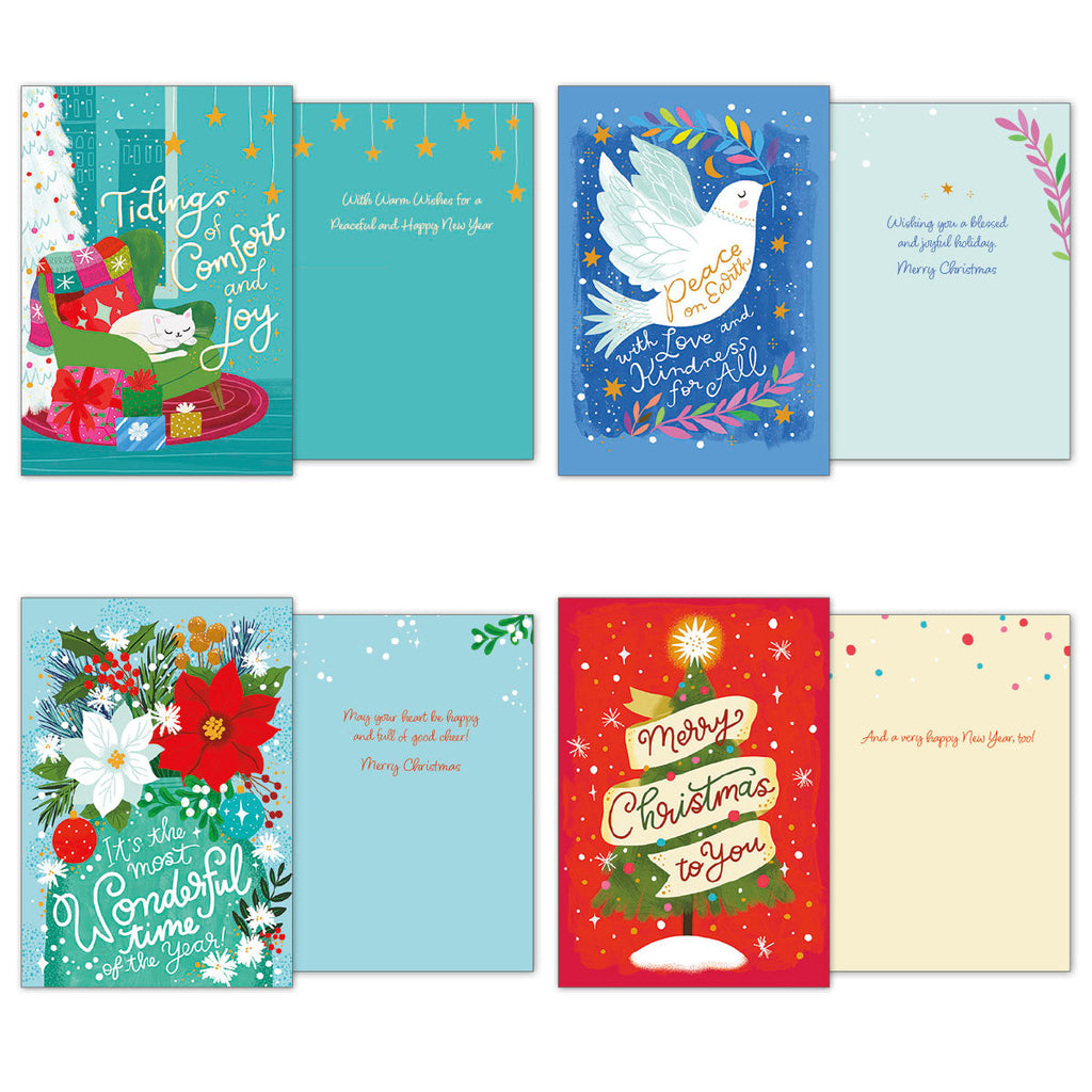 Four open holiday greeting cards from the assortment, displaying their front and inside messages: 'Tidings of Comfort and Joy', 'Peace on Earth', 'It's the Most Wonderful Time of the Year', and 'Merry Christmas to You' with festive illustrations.