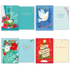 Four open holiday greeting cards from the assortment, displaying their front and inside messages: 'Tidings of Comfort and Joy', 'Peace on Earth', 'It's the Most Wonderful Time of the Year', and 'Merry Christmas to You' with festive illustrations.