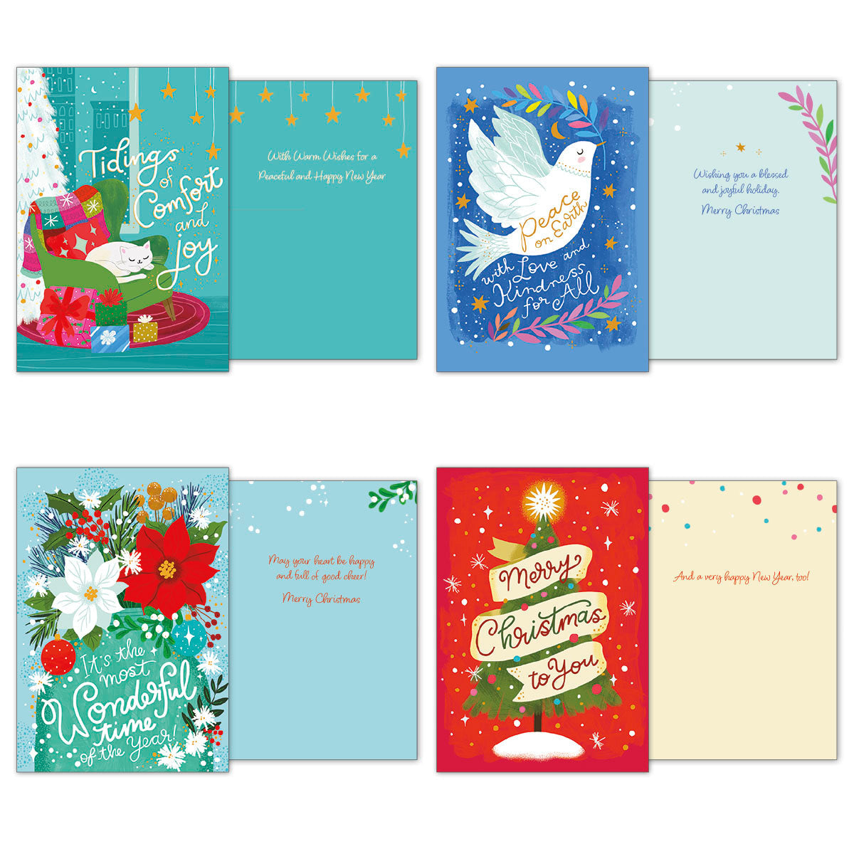 Four open holiday greeting cards from the assortment, displaying their front and inside messages: 'Tidings of Comfort and Joy', 'Peace on Earth', 'It's the Most Wonderful Time of the Year', and 'Merry Christmas to You' with festive illustrations.