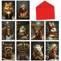 Assorted nature-themed holiday cards featuring a fox, bear, horse, owl, moose, bunny, raccoon, deer, polar bear, and cardinal in snowy woodland scenes with a red envelope.