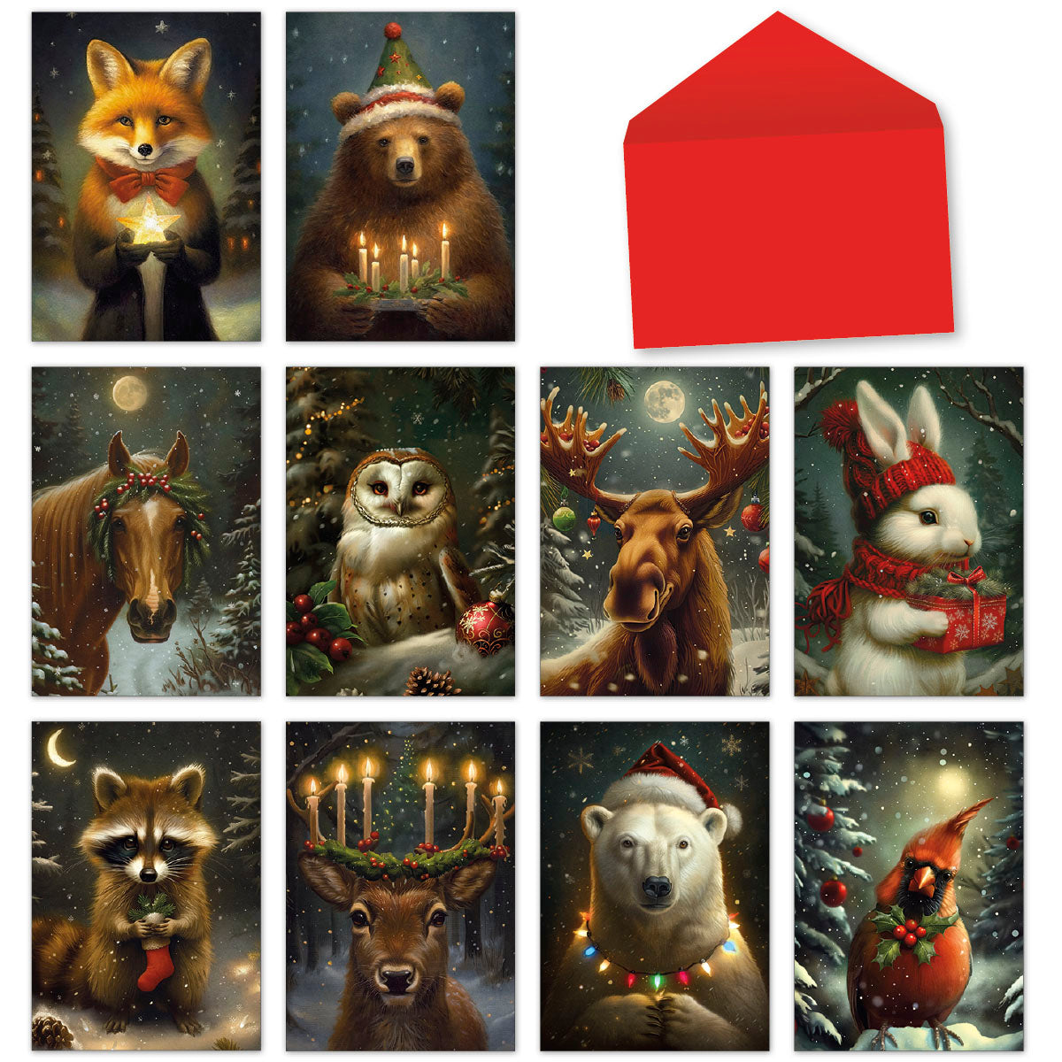 Assorted nature-themed holiday cards featuring a fox, bear, horse, owl, moose, bunny, raccoon, deer, polar bear, and cardinal in snowy woodland scenes with a red envelope.
