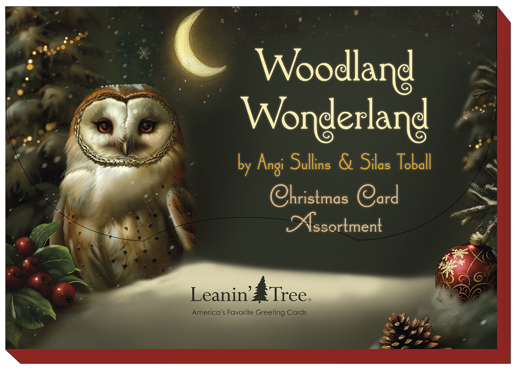 Woodland Wonderland Christmas card assortment cover art by Angi Sullins & Silas Toball, showing an owl under a crescent moon with pinecones and berries.
