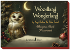 Woodland Wonderland Christmas card assortment cover art by Angi Sullins & Silas Toball, showing an owl under a crescent moon with pinecones and berries.