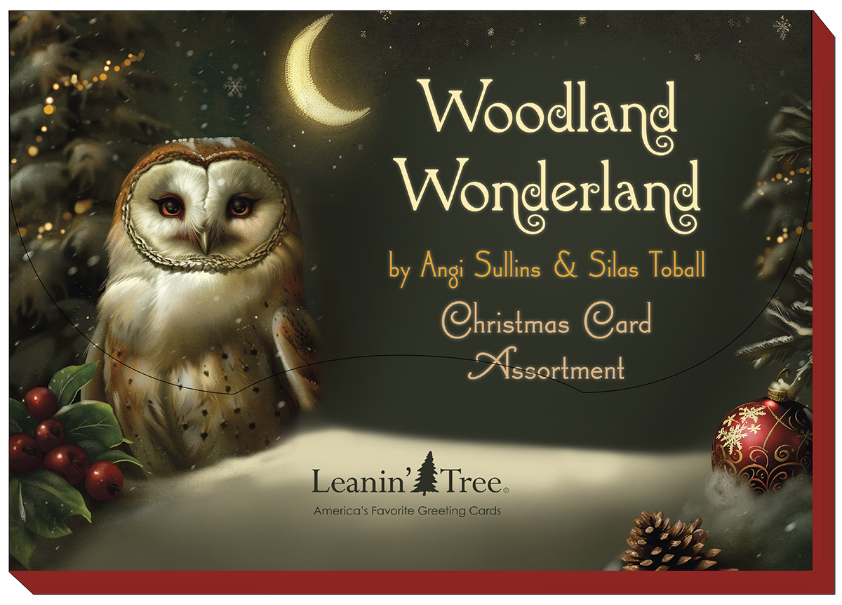 Woodland Wonderland Christmas card assortment cover art by Angi Sullins & Silas Toball, showing an owl under a crescent moon with pinecones and berries.