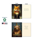 Two holiday greeting cards with fronts and interiors displayed: a fox holding a star and a bear with candles, showing 'Sustainably-Sourced Paper' and 'Soy-Based Inks, Made in USA' labels.