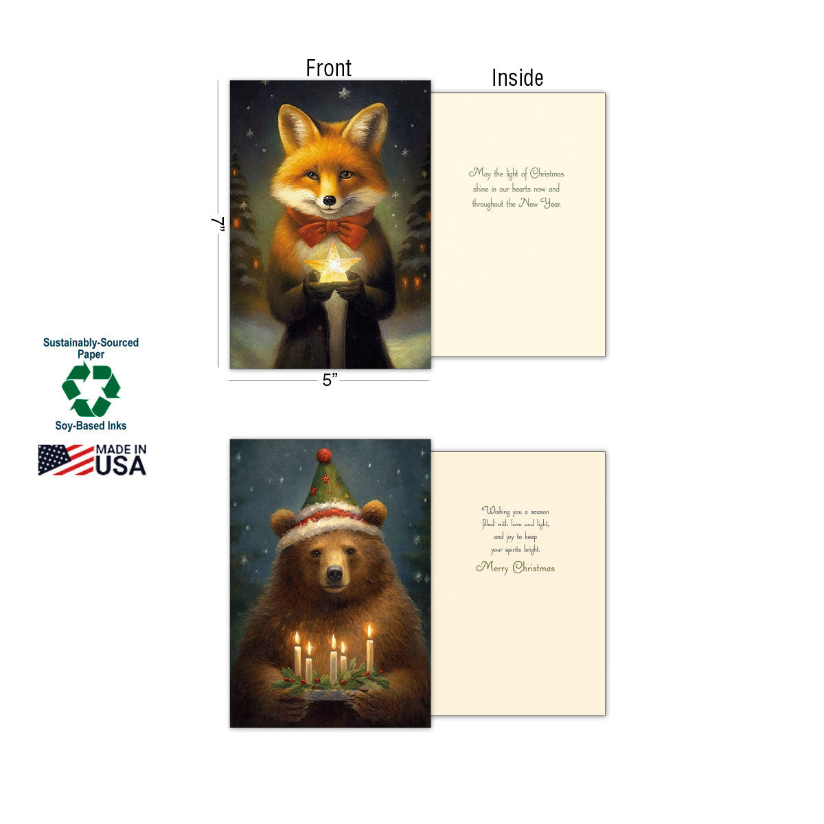 Two holiday greeting cards with fronts and interiors displayed: a fox holding a star and a bear with candles, showing 'Sustainably-Sourced Paper' and 'Soy-Based Inks, Made in USA' labels.