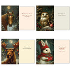 Three open greeting cards, displaying their front designs and inside greetings. The cards feature a horse with a winter wreath, an owl perched in a snowy tree, and a moose with decorated antlers. Messages convey wishes for peace, joy, and a happy holiday season.