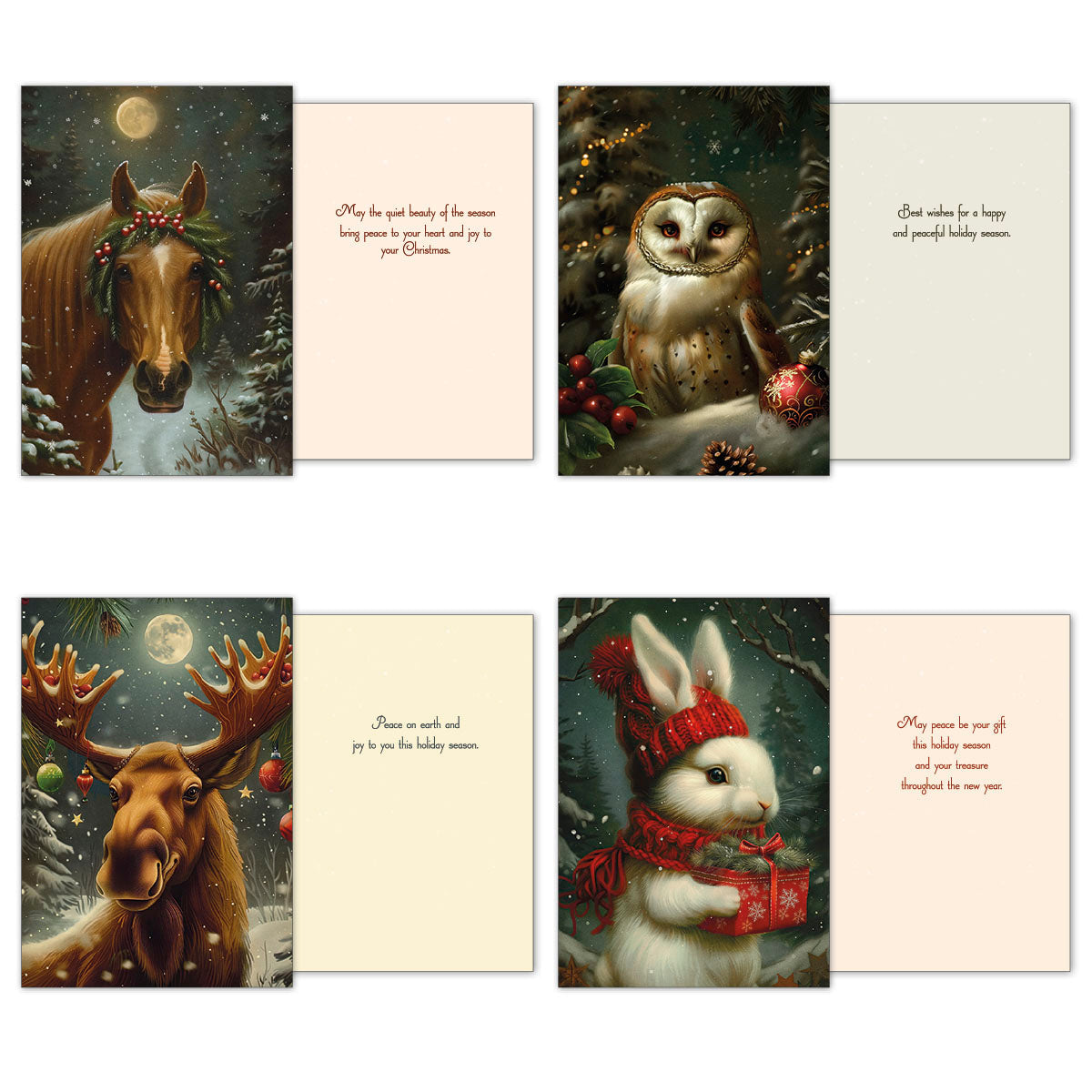 Three open greeting cards, displaying their front designs and inside greetings. The cards feature a horse with a winter wreath, an owl perched in a snowy tree, and a moose with decorated antlers. Messages convey wishes for peace, joy, and a happy holiday season.