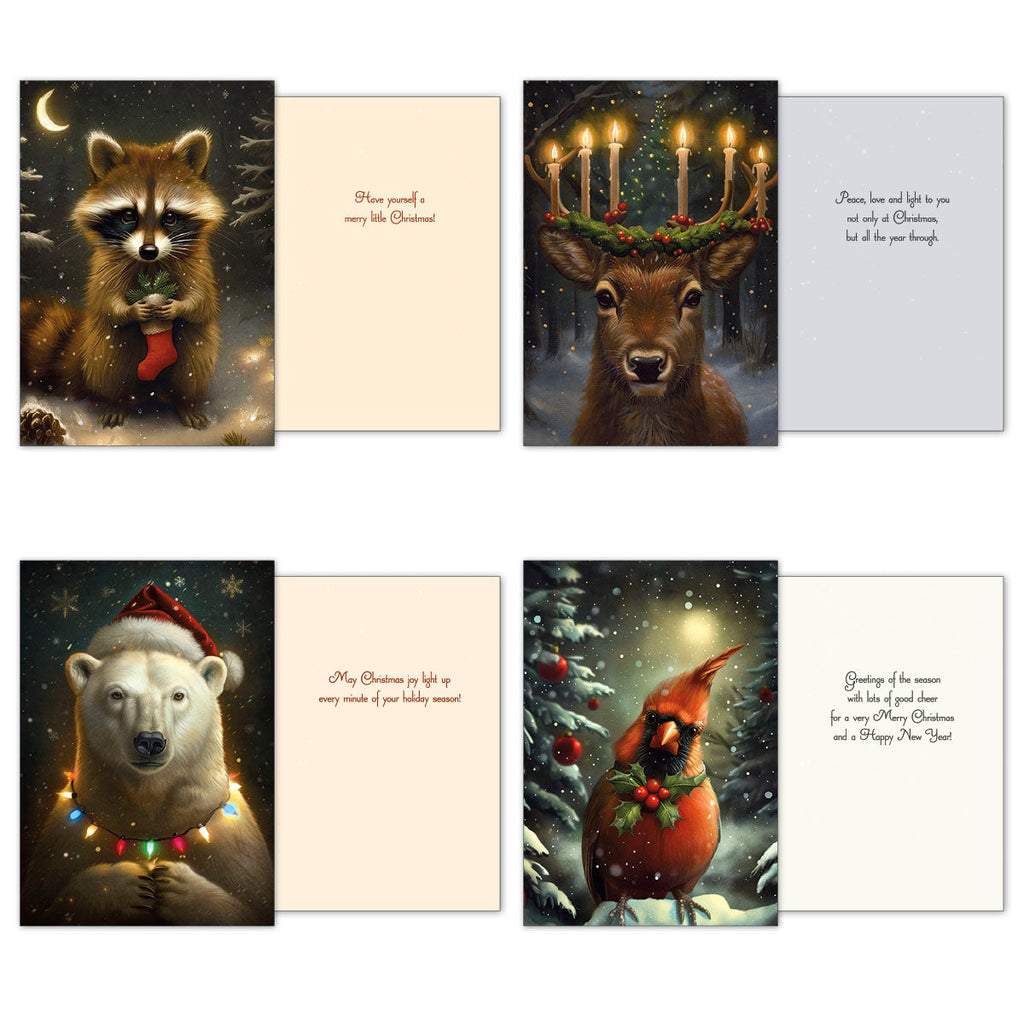 Three holiday greeting cards open to show front and interior messages: a raccoon with a stocking, a deer with candles on antlers, a polar bear with lights, and a cardinal.