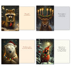 Three holiday greeting cards open to show front and interior messages: a raccoon with a stocking, a deer with candles on antlers, a polar bear with lights, and a cardinal.