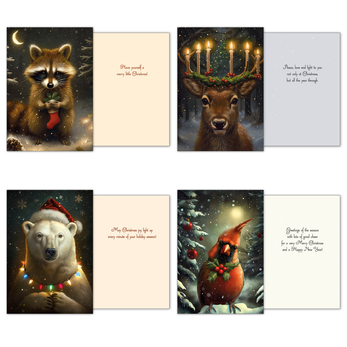 Three holiday greeting cards open to show front and interior messages: a raccoon with a stocking, a deer with candles on antlers, a polar bear with lights, and a cardinal.