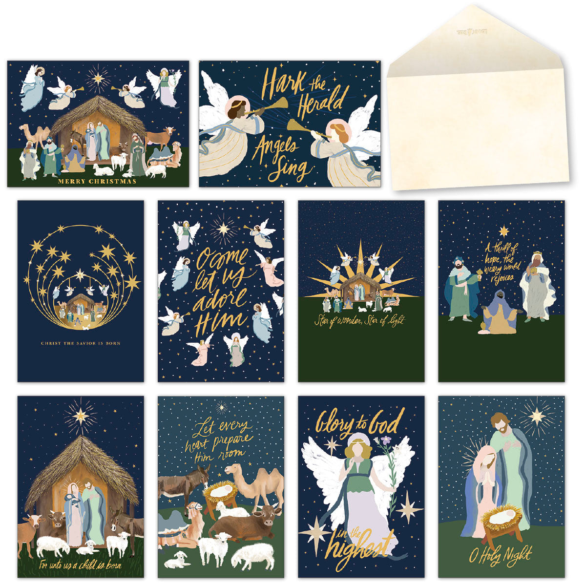 Collection of religious nativity greeting cards featuring diverse scenes like the manger, angels, and wise men, with a blank envelope.